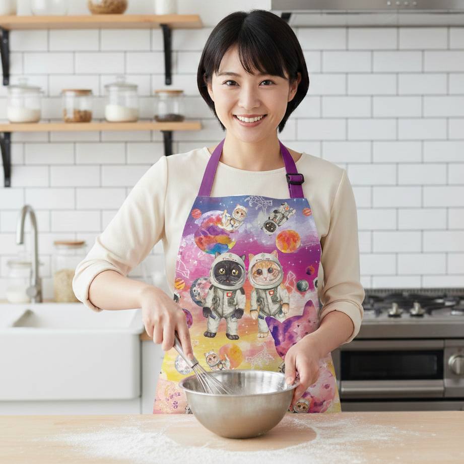 Waterproof & Oil-proof Apron - Space British Shorthair Cat & Ginger Tabby Cat Pattern Kitchen & Baking