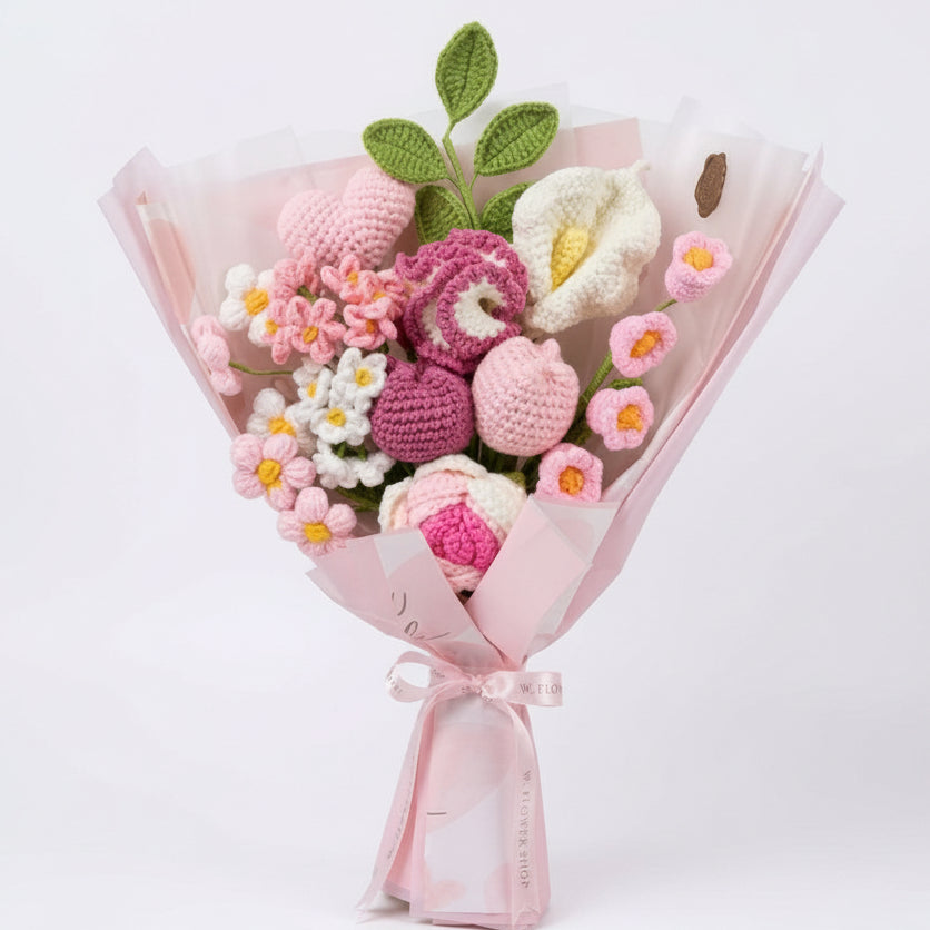 Korean Style Pink Heart Floral Mix - 11-Stem Crochet Bouquet