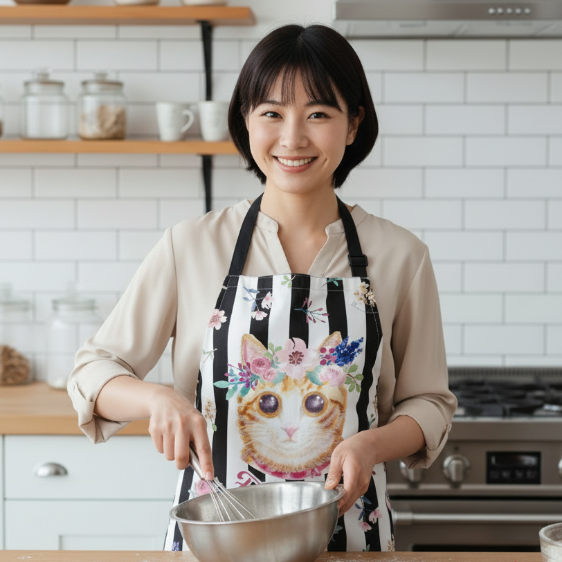 Waterproof & Oil-proof Apron - Classic (Black stripes) Ginger Tabby Cat Floral Pattern Kitchen & Baking