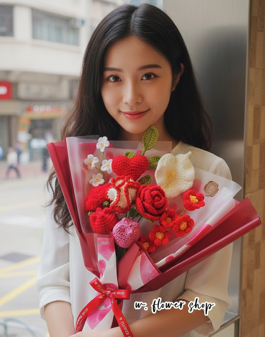 Korean-Style Red Heart & Mixed Floral - 10-Stem Crochet Bouquet