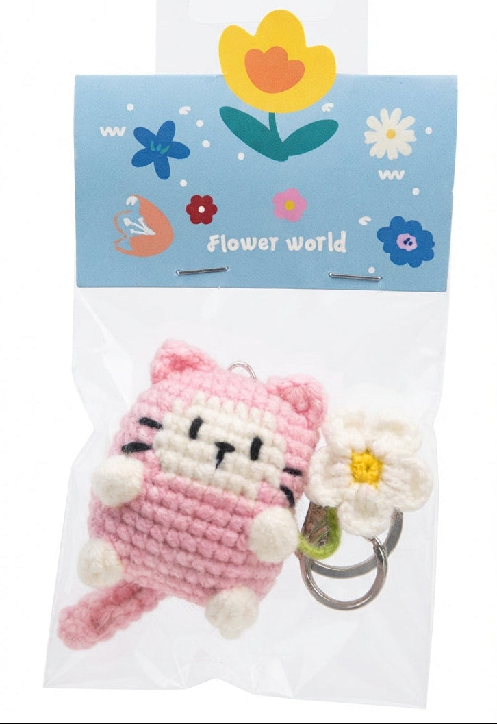 Pink & White Cat Holding Little Daisy - 3D Handmade Crochet Keychain / Bag Charm