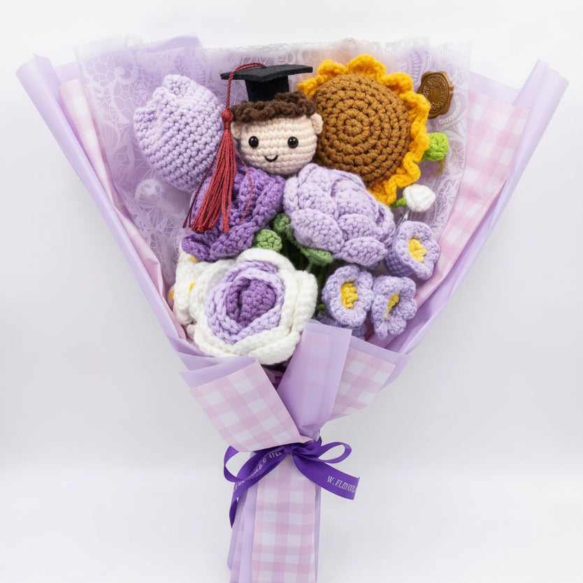 Graduation Sunflower Mix with Male Graduate Doll - 8-Stem Purple Crochet Bouquet (Vol. 2)