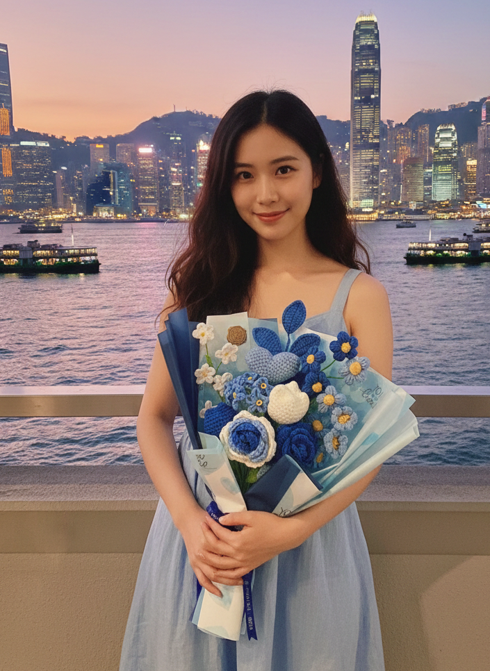 Korean Style Blue Heart Floral Mix - 11-Stem Crochet Bouquet