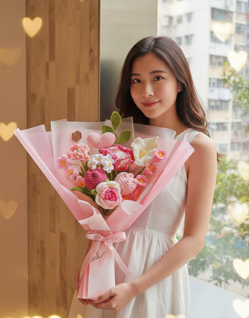 Korean Style Pink Heart Floral Mix - 11-Stem Crochet Bouquet