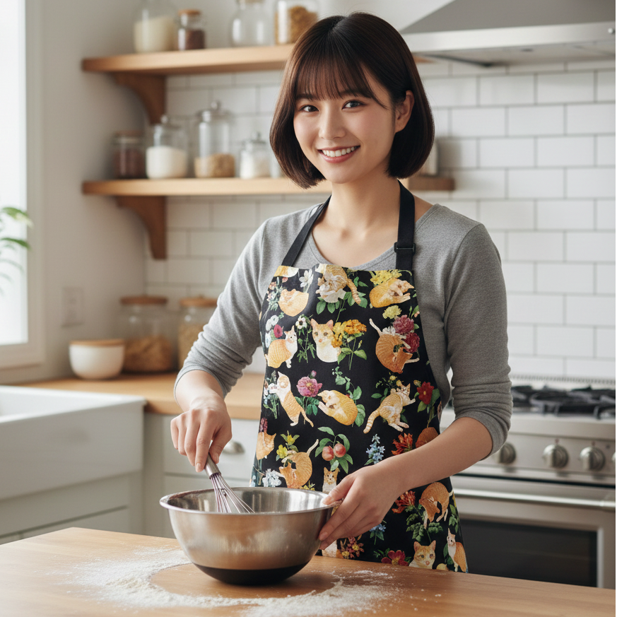 Waterproof & Oil-proof Apron - Floral (Black) Ginger Tabby Cat Flower Pattern Kitchen & Baking