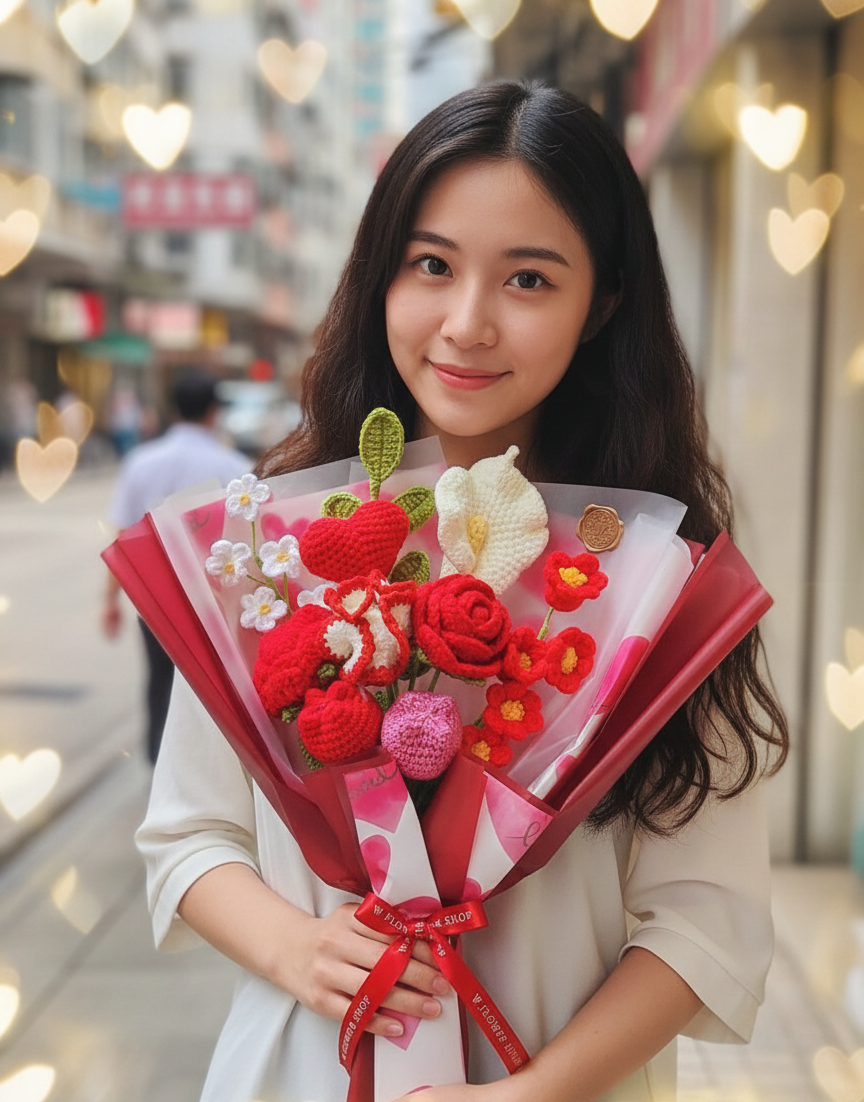 Korean-Style Red Heart & Mixed Floral - 10-Stem Crochet Bouquet