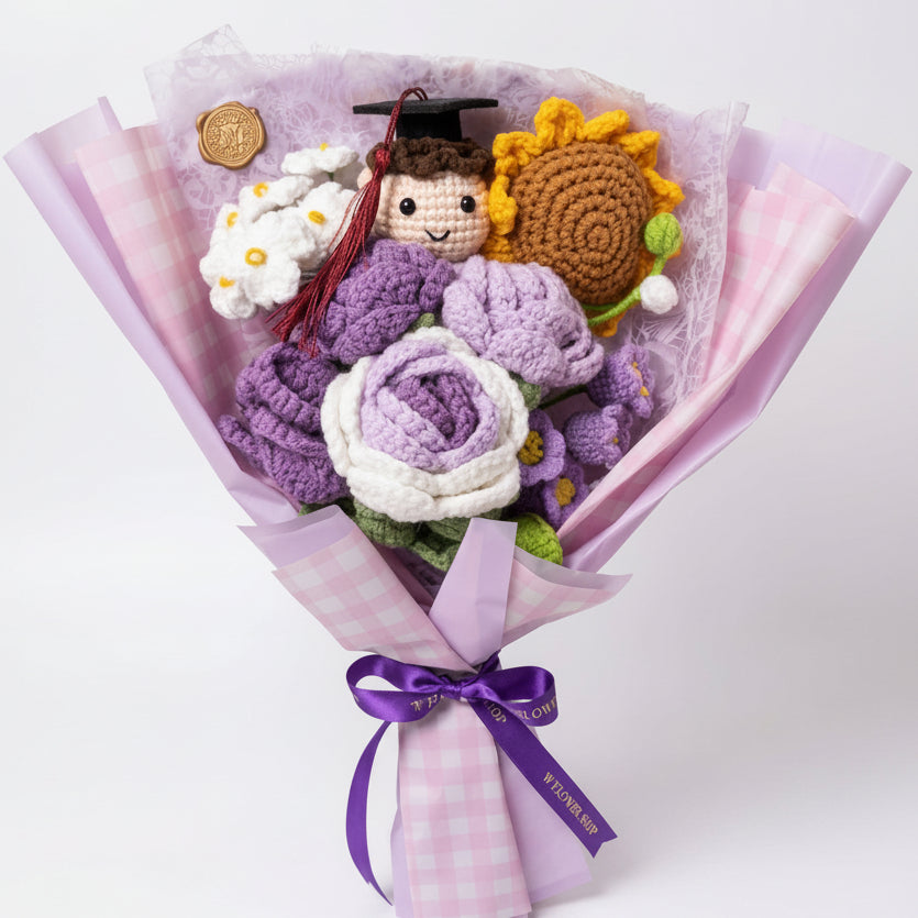 Graduation Sunflower Mix with Male Graduate Doll - 8-Stem Purple Crochet Bouquet (Vol. 3)
