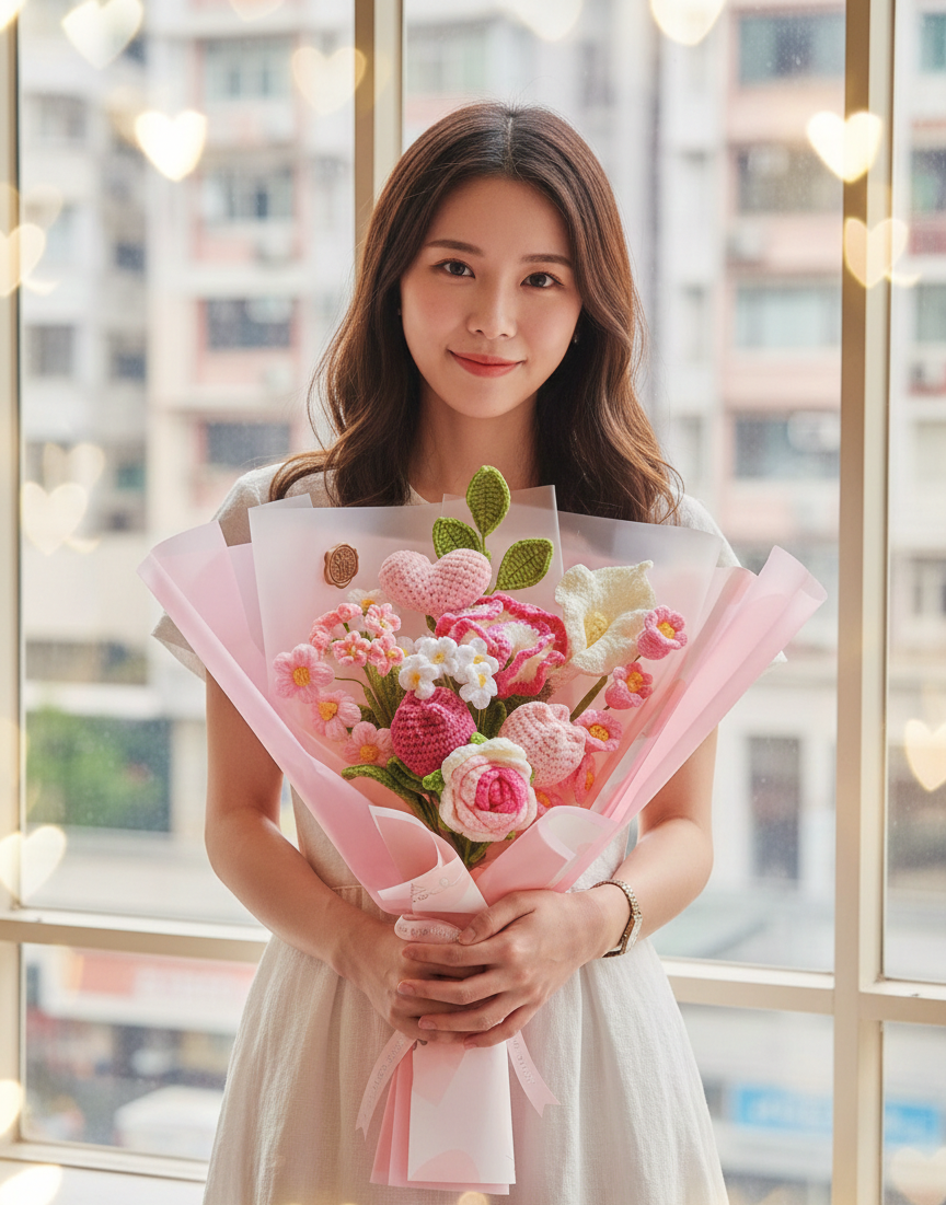Korean Style Pink Heart Floral Mix - 11-Stem Crochet Bouquet