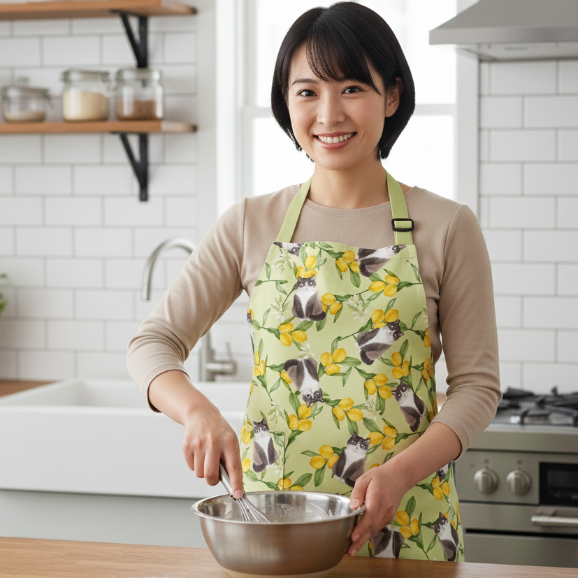 Waterproof & Oil-proof Apron - Lemon Grey & White Cat Floral Flower Pattern Kitchen & Baking